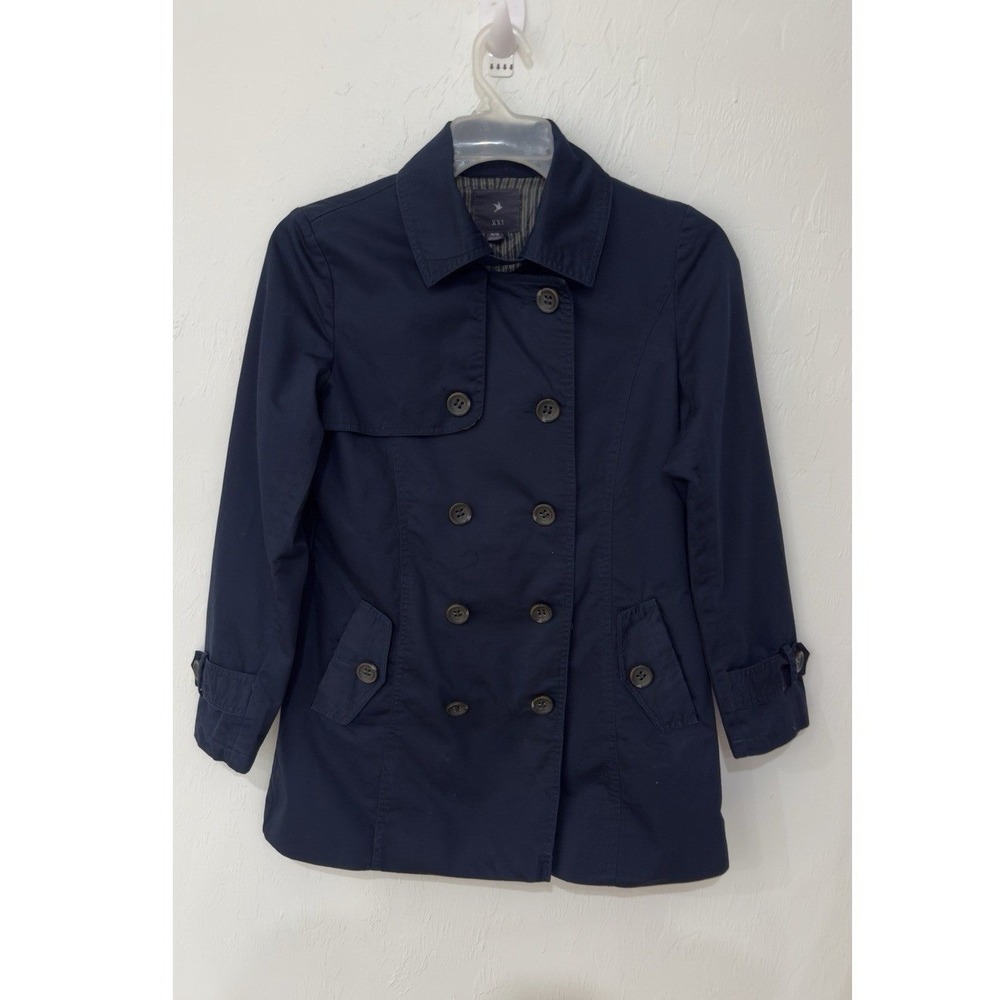 XXI Forever 21 Navy Blue Double Breasted Trench Coat Jacket Women's Medium - Picture 2 of 10